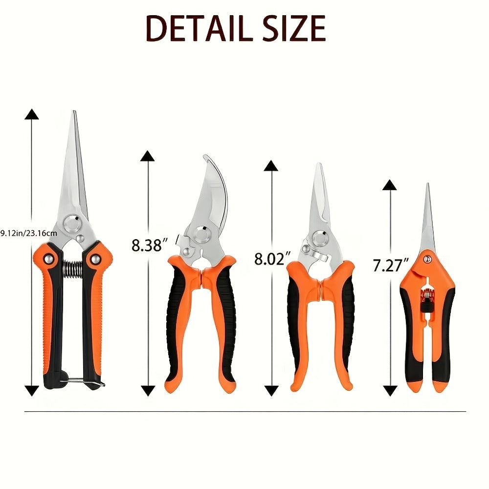 Gardening Pruning Tool Set 8 Piece Stainless Steel | Pruning Shears Scissors Pliers Ergonomic Handle with Wiping Cloth | Lawn Tree Garden Care Kit Orange Yellow Green