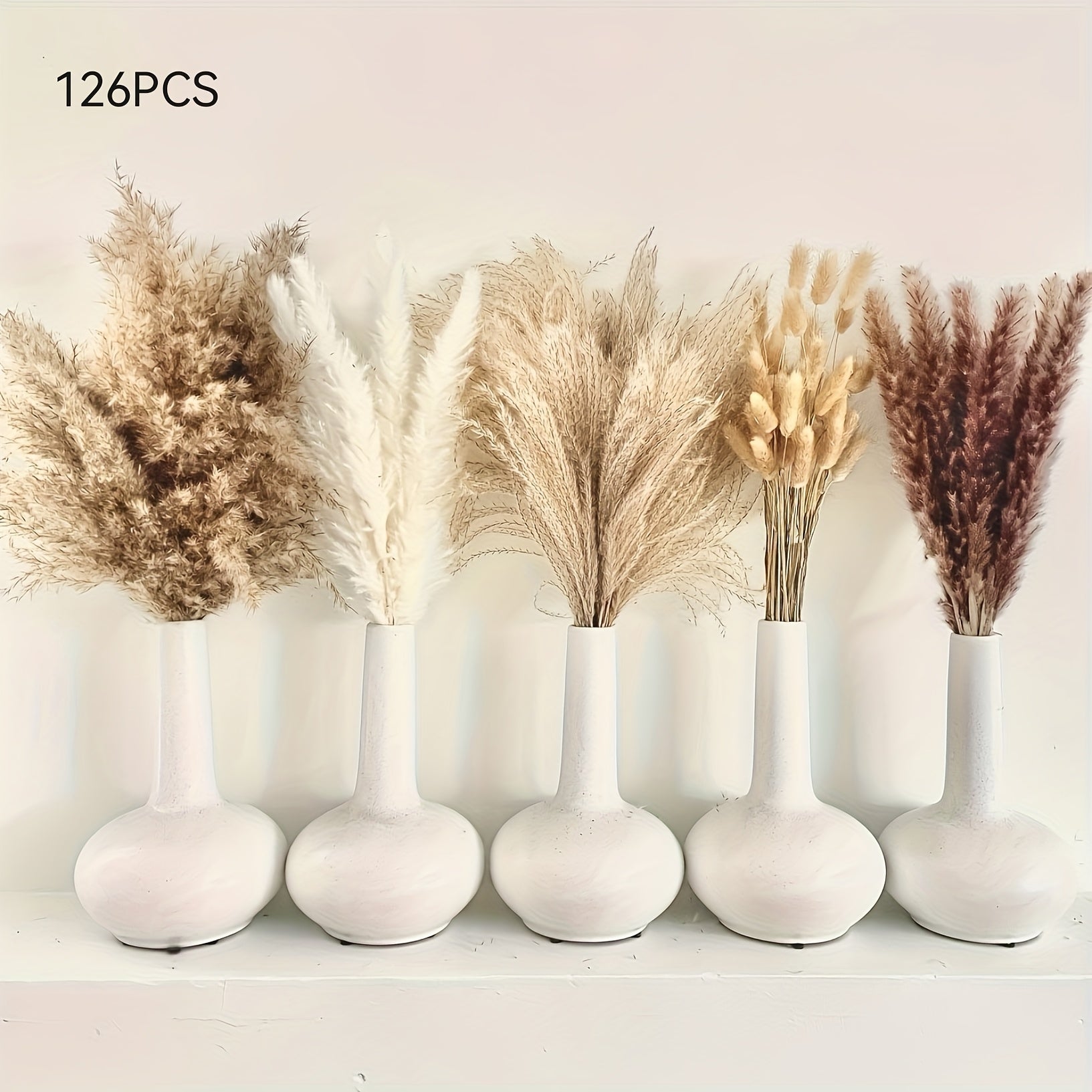 Dried Pampas Grass Decor 17 Inch Natural Bouquet | Boho Home Wedding Party Flower Arrangement White Pampas Brown Reed Bunny Tail Easter Basket Stuffers Mother's Day Gift