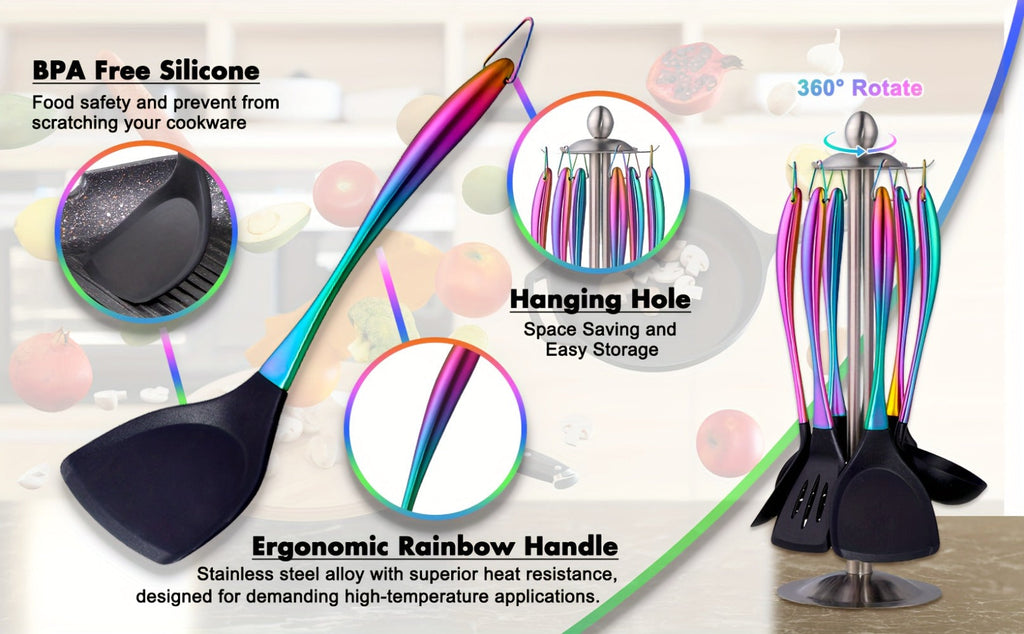 Silicone Cooking Utensils Set 17 Piece Rainbow Titanium with Rotating Holder - Heat Resistant Non-Stick Spatulas, Ladle, Skimmer, Turner & Measuring Cups and Spoons with Stainless Steel Handles