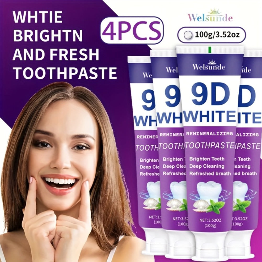 Whitening Toothpaste 4-Pack ¨C 9D White Alcohol-Free Formula, Thorough Deep Cleaning & Brighter Smile, Refreshing Mint Breath, Gentle on Gums, Travel-Friendly 100g, Oral Care Gift for Men & Women