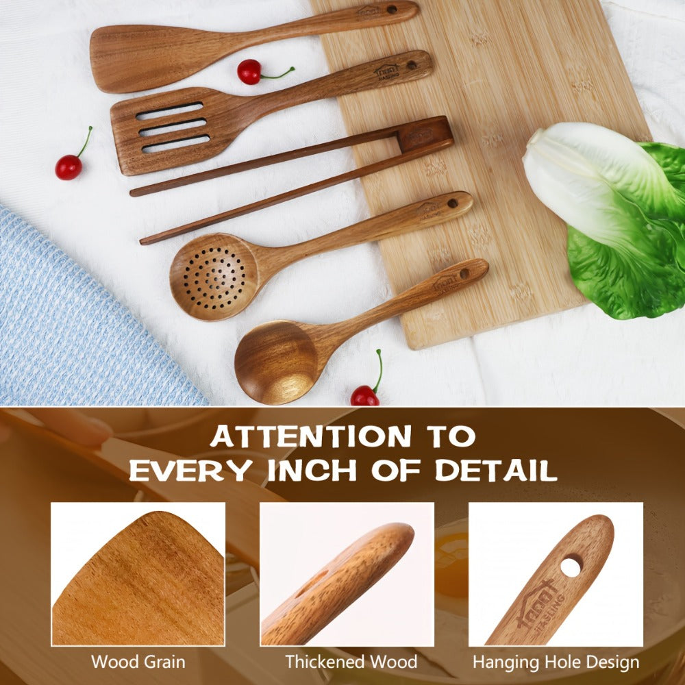 Wooden Kitchen Utensils Set 3/5/7Pcs ¨C Natural Wood Spoons, Spurtle, Ladle & Wok Spatulas for Non-Stick Pans | Heat Resistant, Ergonomic Handle, Easy to Clean