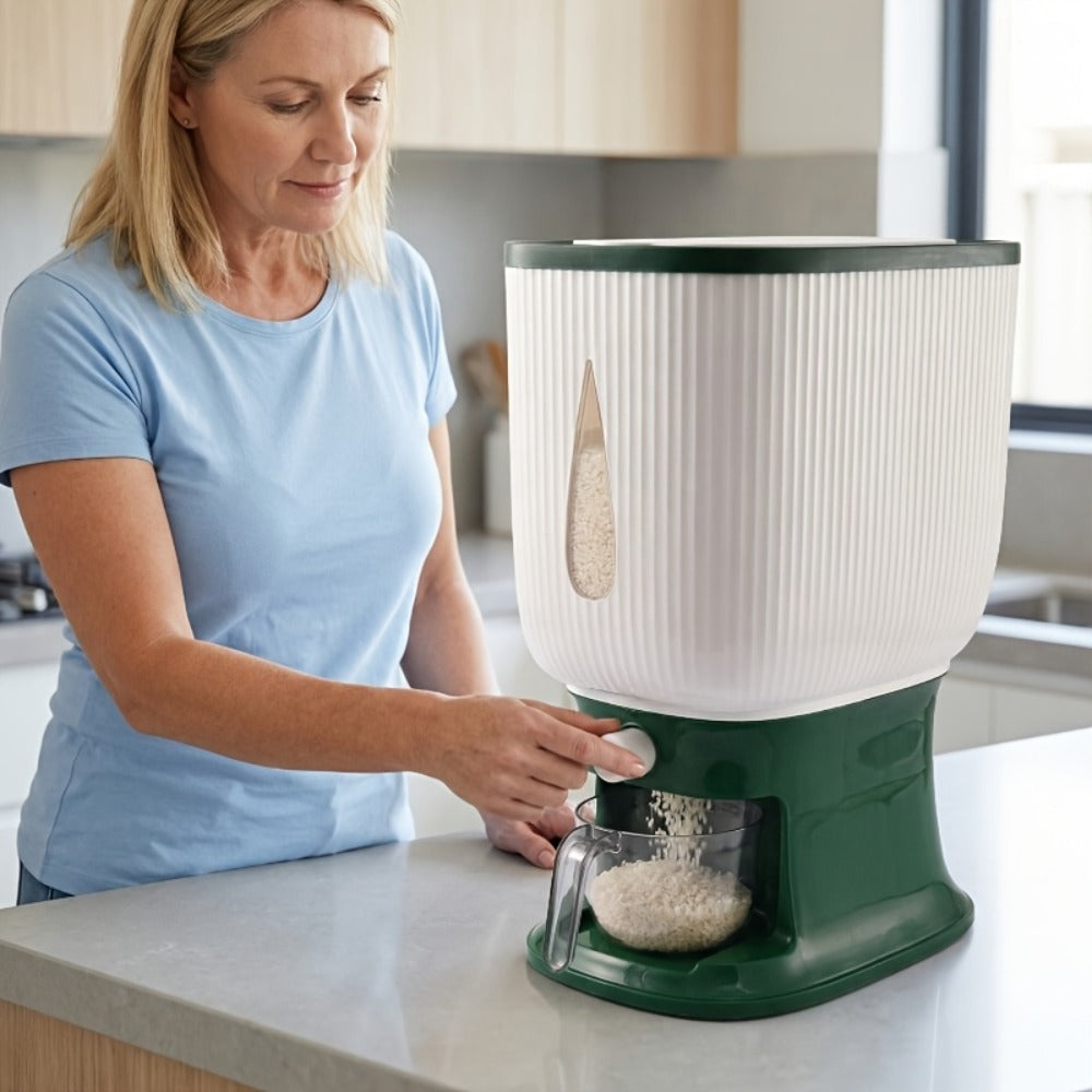 Rice Dispenser with Measuring Cup, 22LB Large Capacity 6-Chamber Sealed Grain Storage Container, Transparent Window, Moisture & Insect Resistant, One-Click Design for Rice Beans Flour Pet Food ¨C Kitchen Cabinet Organizer