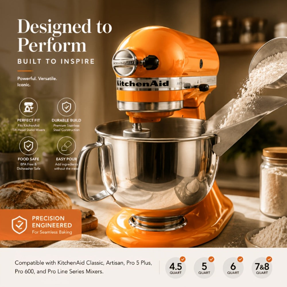 KitchenAid Pouring Chute Stainless Steel Stand Mixer Attachment - Universal Funnel Shield for Tilt-Head & Bowl-Lift 4.5-8 Qt, Anti-Splash Flour Dust Guard, Dishwasher Safe, Gift Box Included