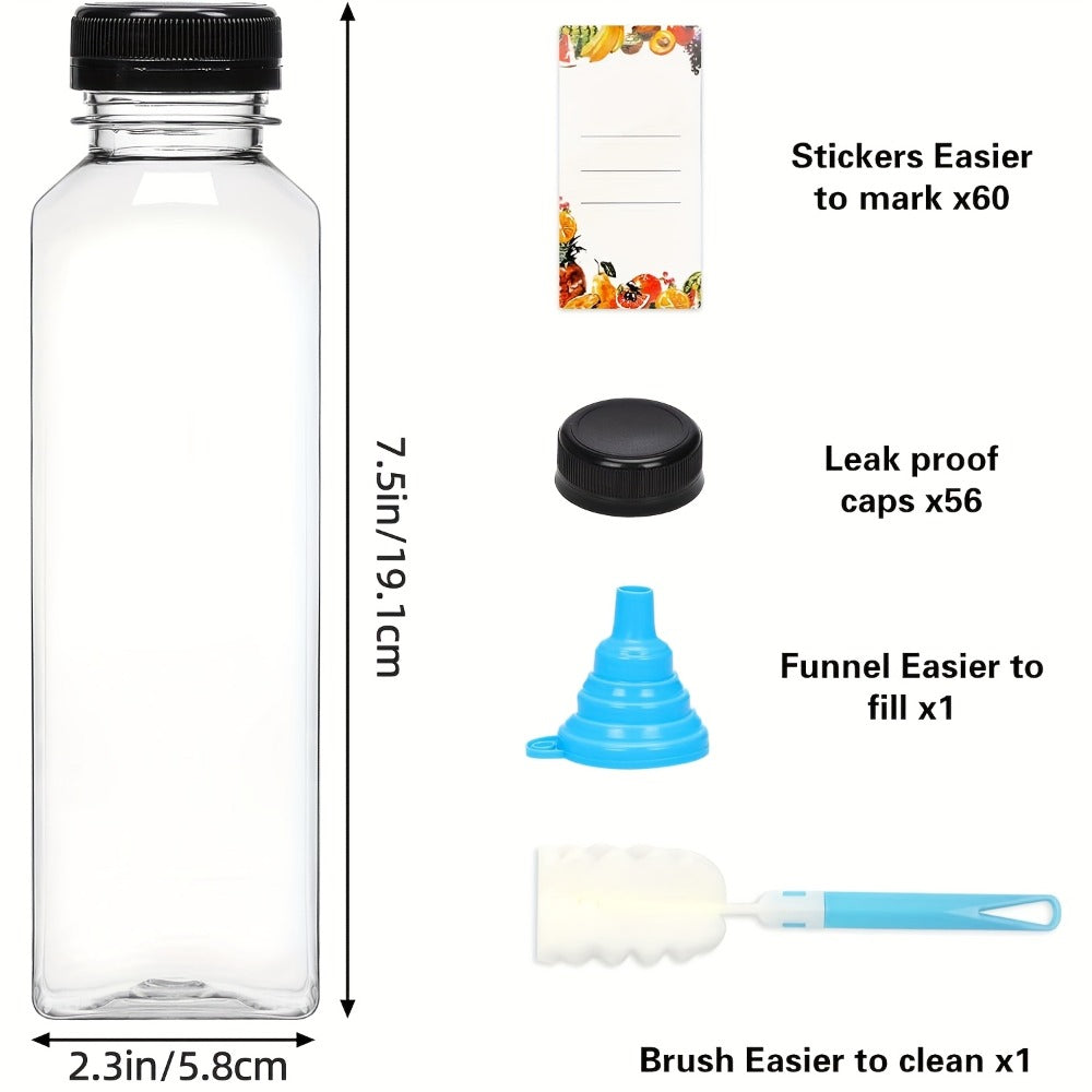 Plastic Juice Bottles with Lids - Clear Reusable Drink Containers for Juice Smoothies Water and Beverages, Available in 12oz and 16oz in Sets of 20, 36, 56 or 100, Includes Funnel and Cleaning Brush