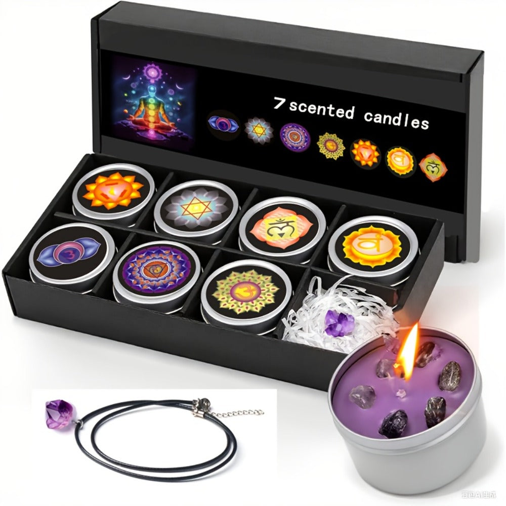 Scented Candle Gift Set 7 Soy Wax Candles with Natural Crystal Pendants 7 Colors Aromatherapy Candles for Home Decor Yoga Meditation Christmas Halloween Birthday Gift for Women Men