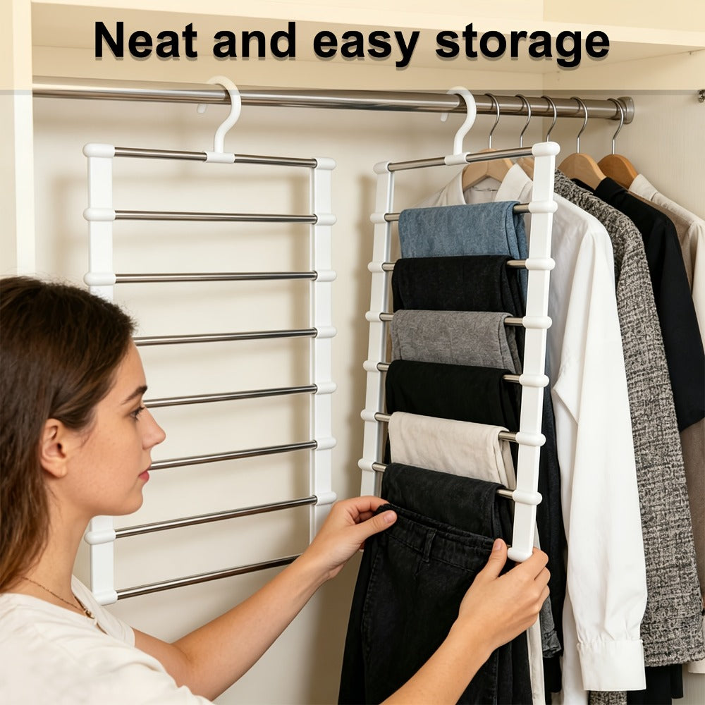 Pants Hangers Foldable Multi-Layer Stainless Steel | Non-Slip Space Saving Closet Organizer for Jeans Leggings Scarves Trousers | 4 or 8 Pack Clothes Rack Hanger