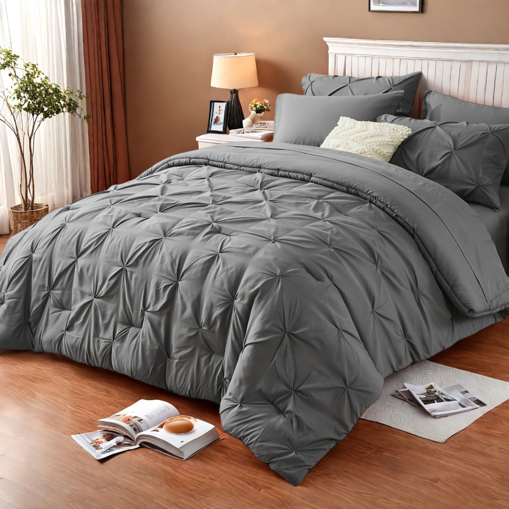 Comforter Set Luxurious Pleated 5/7pcs Bed in a Bag | Soft Plush Fiber Fill, Year-Round Warmth - Quilted Comforter, Flat & Fitted Sheet, Pillowcases & Shams, Complete Bedding Set Twin Full Queen King