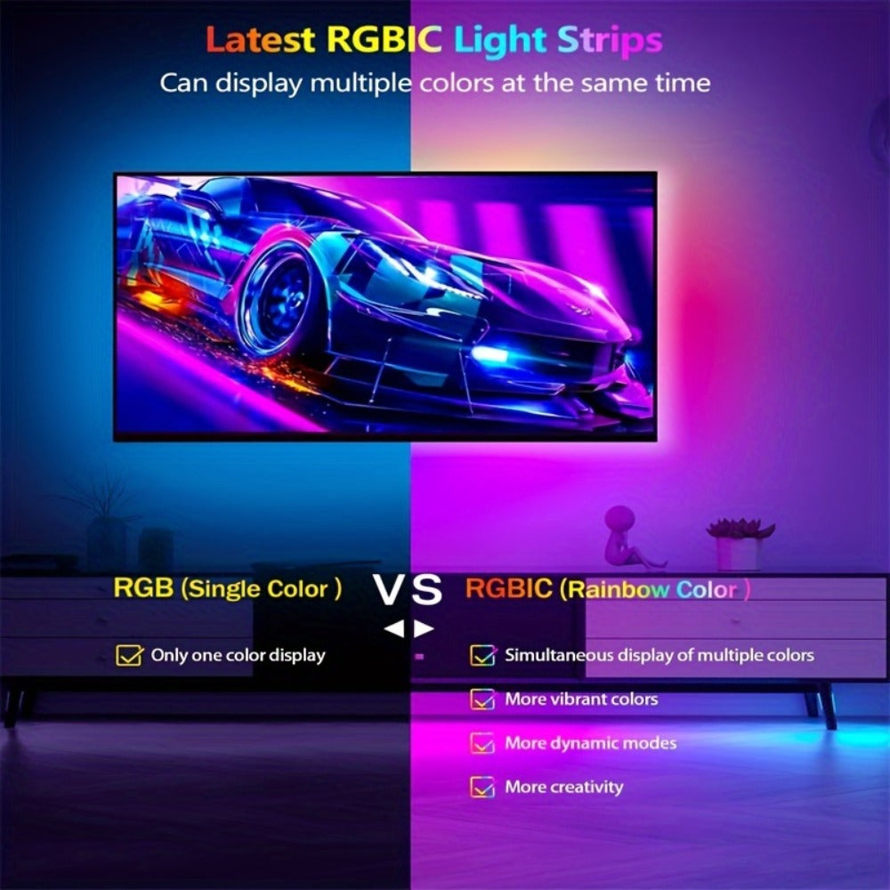 RGBIC TV Backlight Strip Lights for 10-85 Inch TV & Monitor, USB Powered Smart LED Bias Lighting with App Control, IR Remote, Music Sync, Color Changing, Bedroom Living Room Kitchen Christmas Decoration