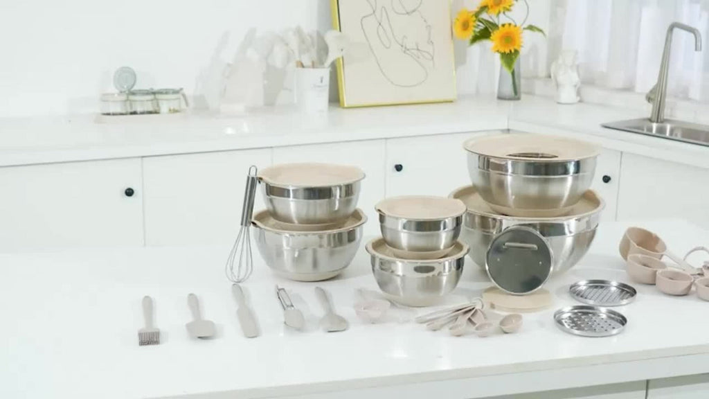 Stainless Steel Mixing Bowl Set 26pcs with 6 Bowls 20 Kitchen Tools Anti-Slip Bottom Multiple Sizes for Baking Cooking Meal Prep Storage