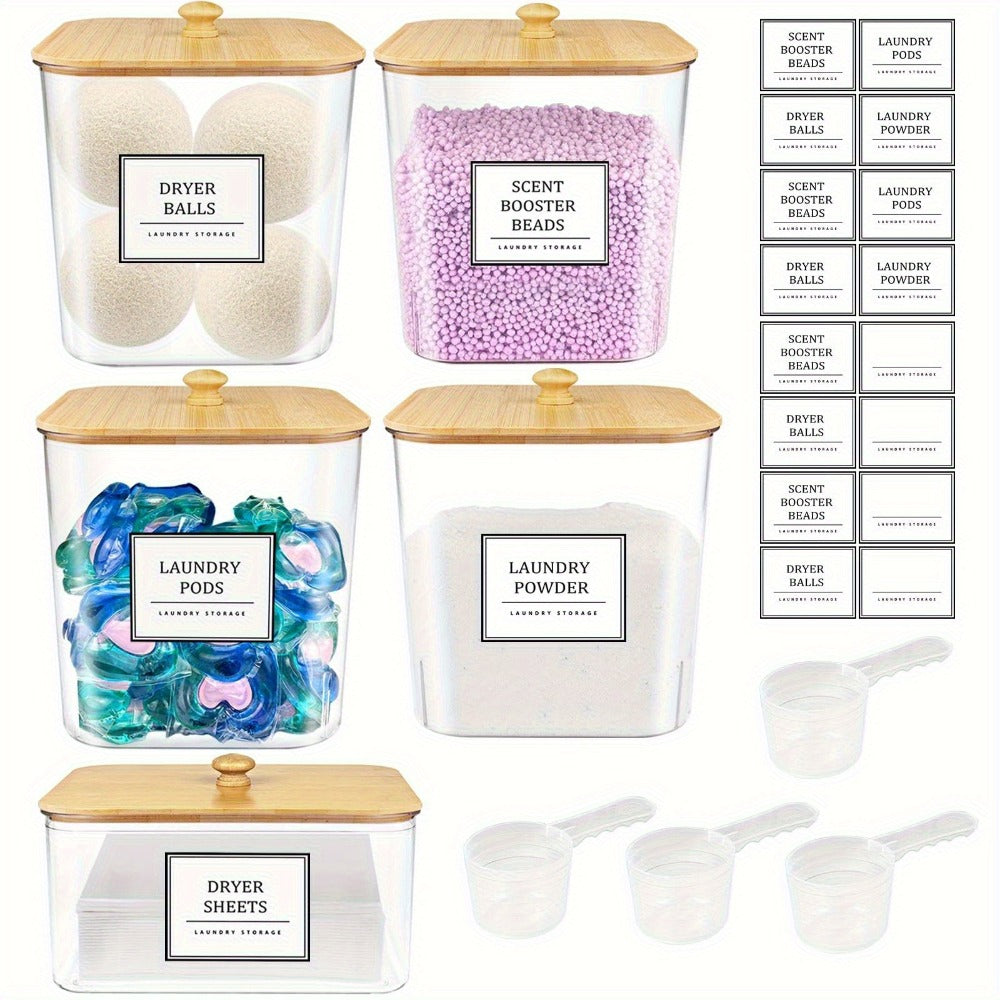 Laundry Pods Container & Dryer Sheet Holder Set with Bamboo Lids, Clear Laundry Room Organization Containers for Scent Booster, Powder, Pods ¨C 3+1 Pack