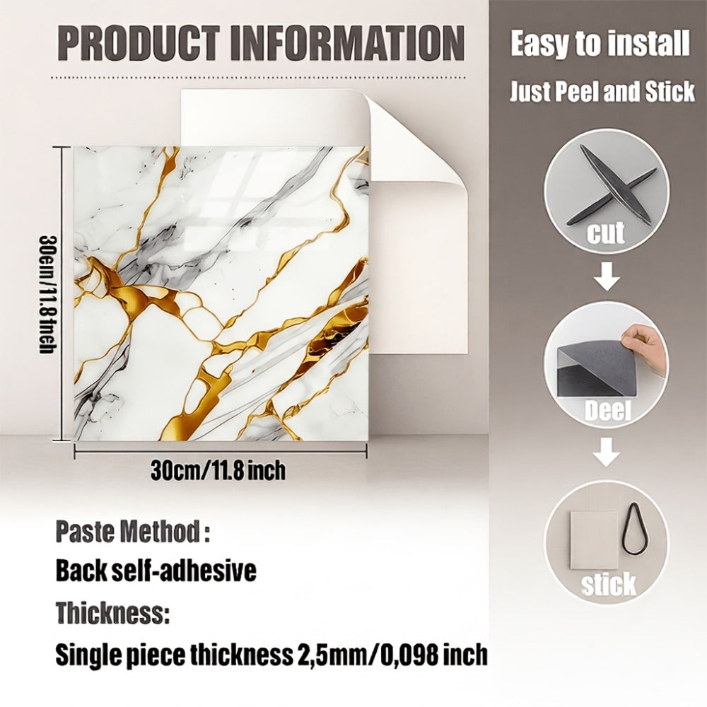 Self-Adhesive Marble Tile Stickers 11.8x11.8in Peel and Stick Wall Tiles for Bathroom Kitchen Backsplash ¨C Waterproof 3D Glossy Imitation Marble Wall Panel, Easy to Install, 50 or 100 Pack