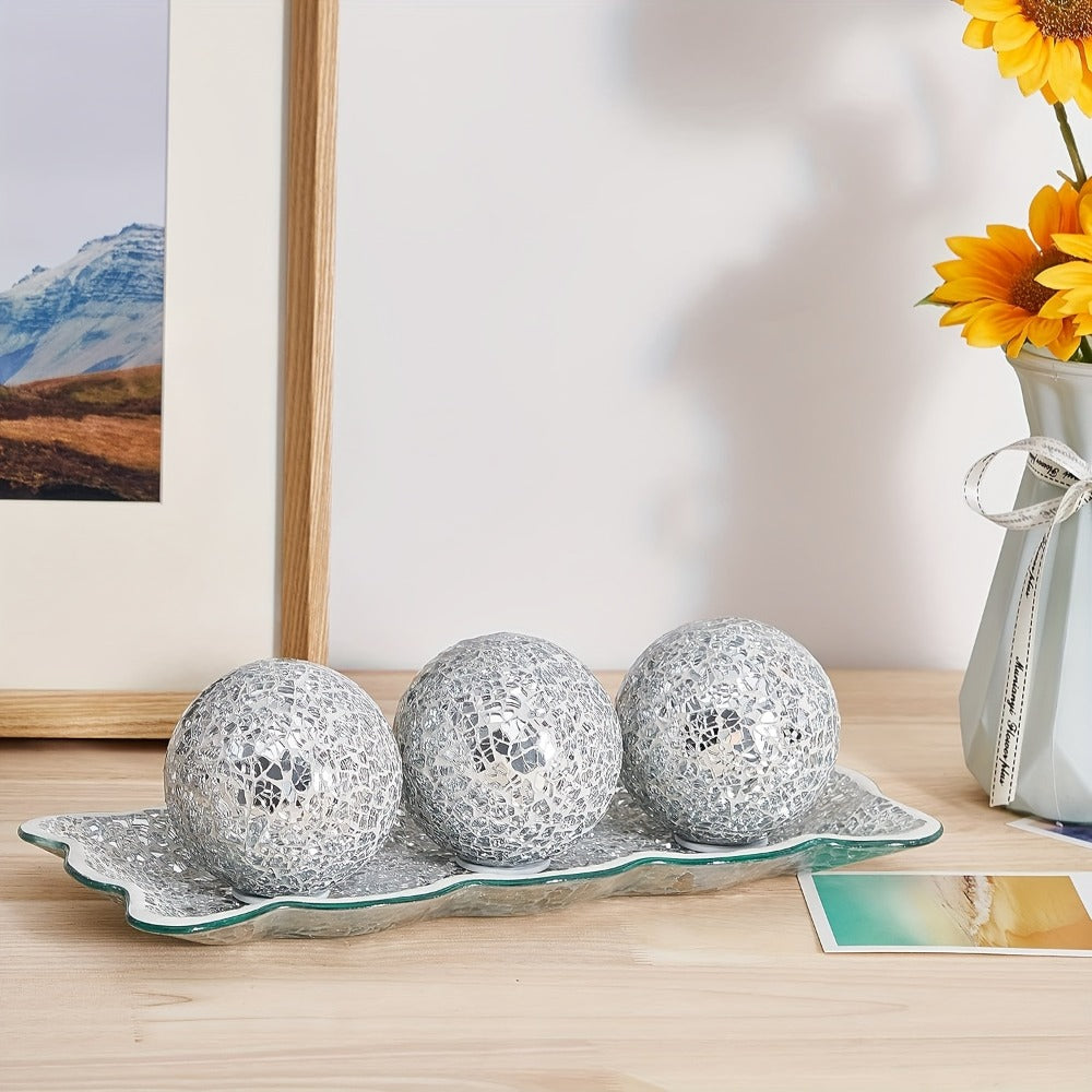 Decorative Glass Balls for Bowls 3 Inch Set of 3 with Glass Tray, Bowl Fillers Centerpiece Table Decorations for Home Decor Living Room Dining Coffee Table, Silver Black Gold Green