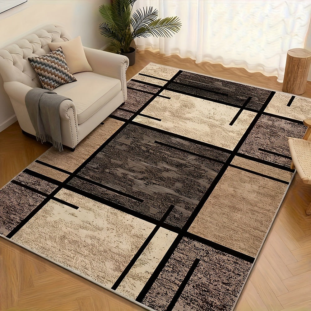 Machine Washable Area Rug Geometric Beige Brown Velvet 850 GSM Fade-Resistant Polyester Carpet for Living Room Bedroom Dining Room Office Non-Slip Rectangle Floor Rug