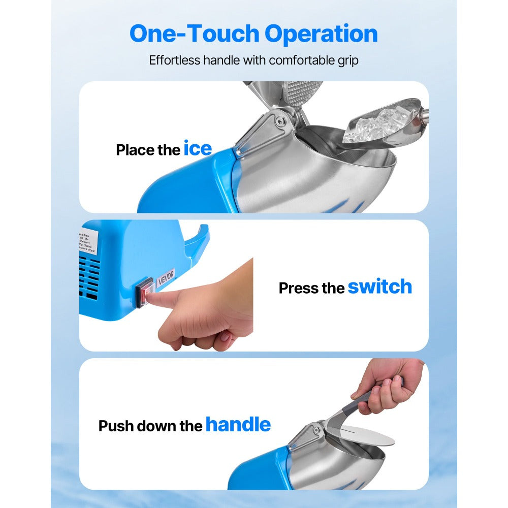 Electric Ice Crusher 300W Snow Cone Maker Shaved Ice Machine 286 lbs/h 4 Stainless Steel Blades Anti-Splash One-Touch Operation for Home Bar Office Dorm
