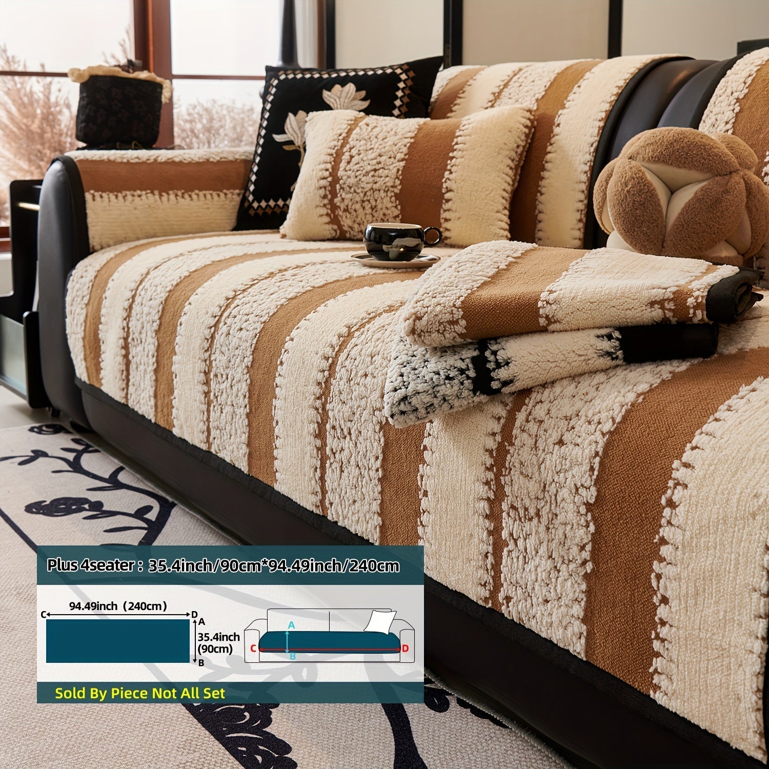 Sofa Cover Plush Jacquard Thick Non-Slip Couch Protector - Pet Friendly Furniture Cover for Living Room Bedroom Office, Machine Washable Retro Style Sofa Slipcover, Loveseat & 4-Seater, Black Grey Green Coffee