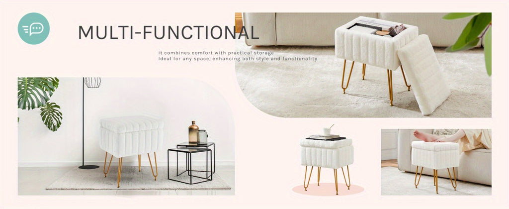 Faux Fur Storage Ottoman Stool ¨C Soft Furry Vanity Seat with Storage, 4 Metal Legs & Non-Slip Feet ¨C Cute Modern Multi-Function Chair for Bedroom, Vanity & Living Room