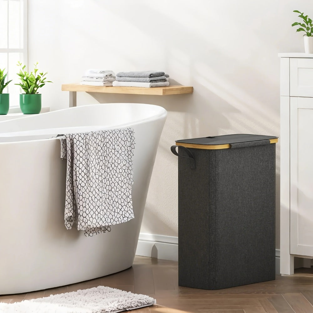Slim Laundry Hamper with Lid & Removable Bag ¨C Foldable Narrow Clothes Basket with Bamboo Handles for Bathroom, Bedroom & Dorm ¨C 50L / 65L / 75L Space-Saving Collapsible Laundry Bin