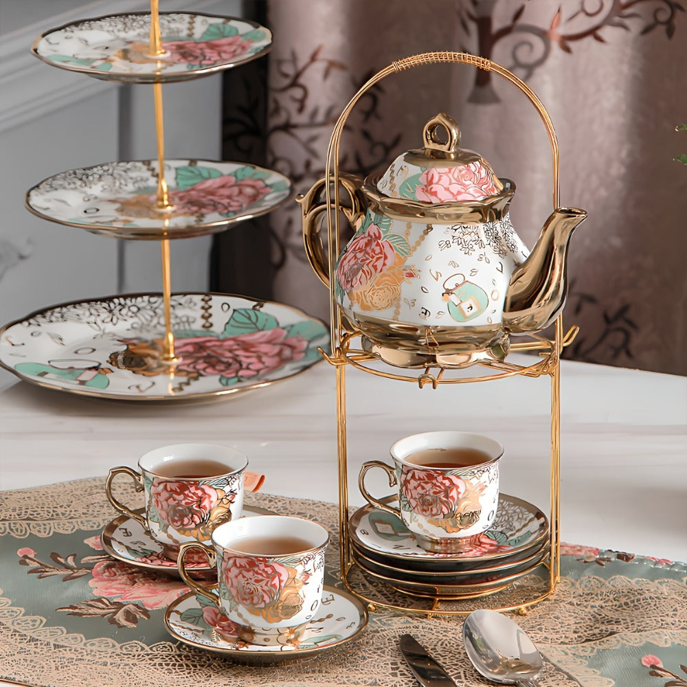 Floral Ceramic Tea Set 20 Pcs ¨C European Porcelain Tea Cups & Saucers with Metal Holder & 15 Oz Teapot ¨C Luxury Arabic Coffee Cup Set for Espresso, Cappuccino & Afternoon Tea ¨C Elegant Gift