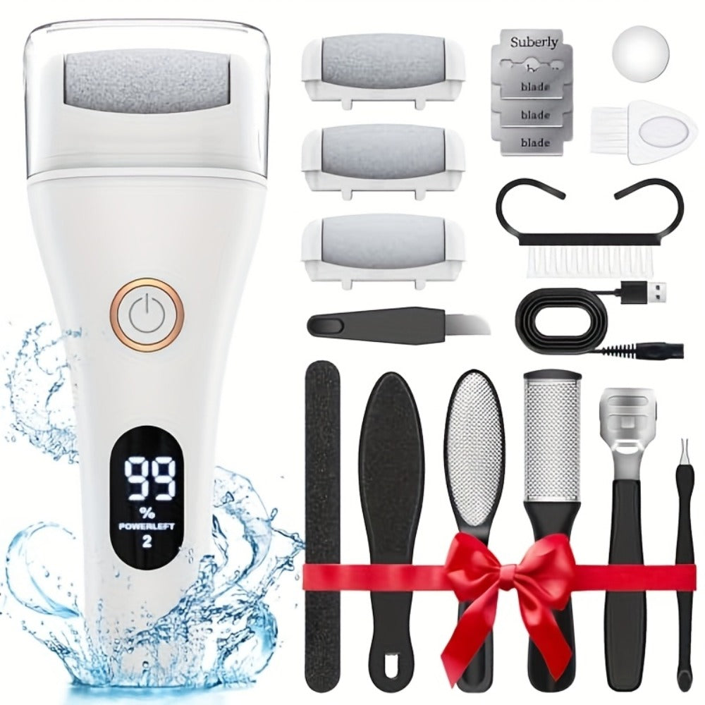 Electric Pedicure Foot File 10-in-1 Kit ¨C Rechargeable with Digital Display, 3 Roller Heads, Dead Skin & Hard Skin Remover for Men & Women