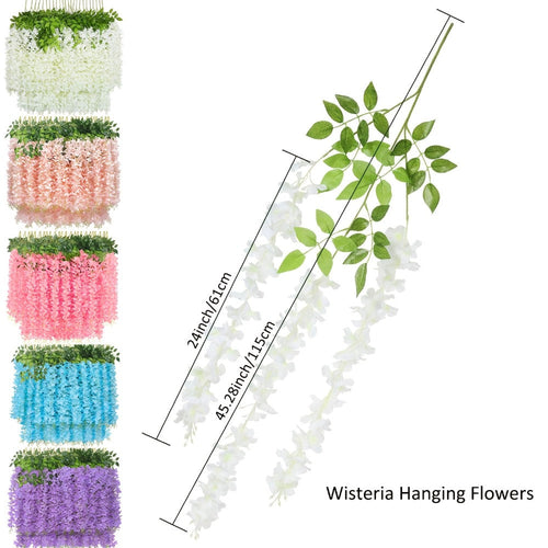 Artificial Wisteria Hanging Flowers 24 Pack - 3.6 Ft Fake Silk Wisteria Vine Garland for Wedding Arch, Garden, Wall & Party Decoration, Available in White, Pink, Blue, Purple & Light Pink