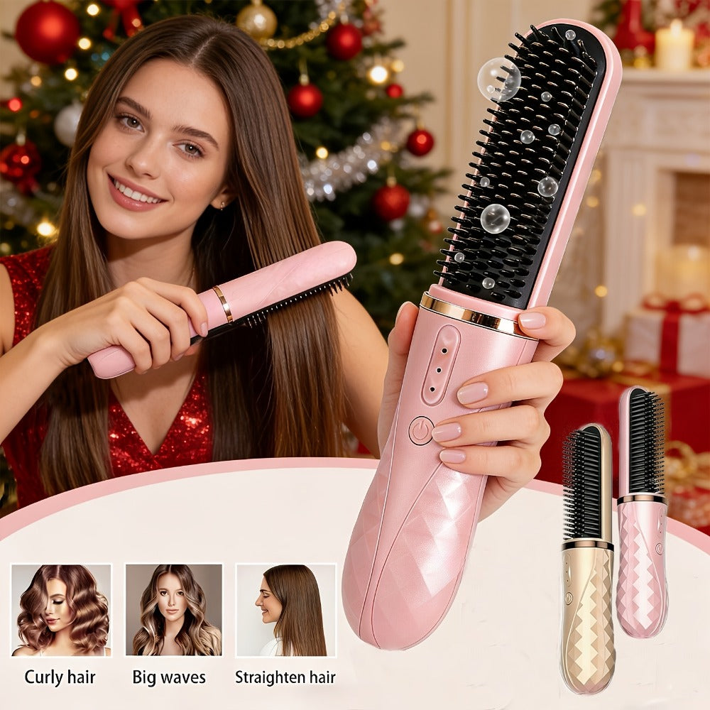 Cordless Hair Straightener Brush USB-C Rechargeable 2000mAh Lithium Battery 3-Level Temperature Control Dual-Use Straightening and Curling Portable Travel Styler for Women