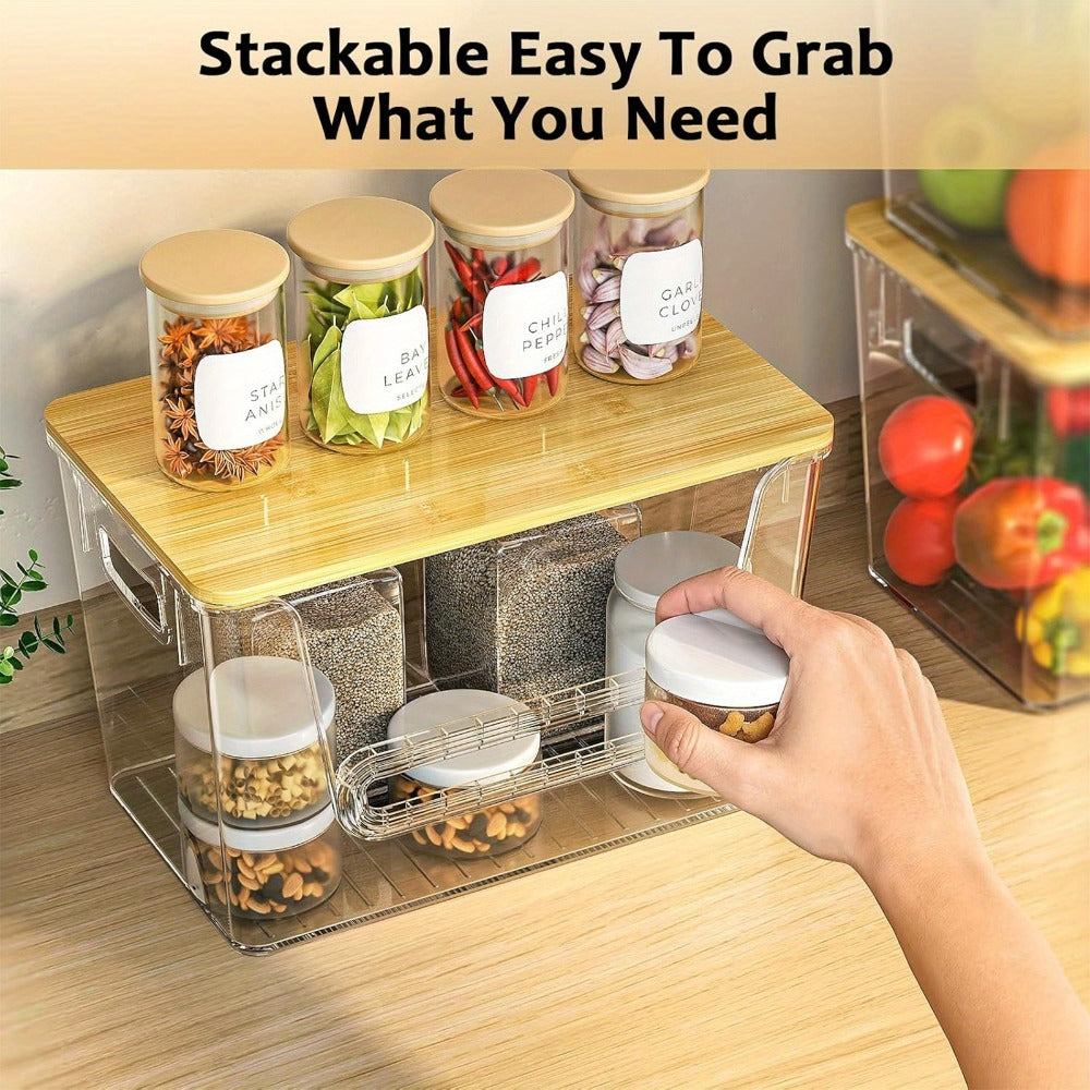 Clear Stackable Kitchen Pantry Organizer 2 Pack with Bamboo Top Durable PET Storage Bins for Onions Potatoes Fruits Vegetables Space Saving Ventilated Produce Organizer