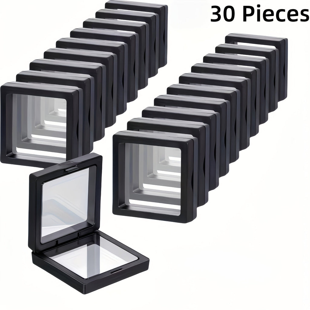 3D Floating Jewelry Display Box Bulk Set | Black Plastic Frame Clear Acrylic Panel Fabric-Lined Organizer for Jewelry Coins Collectibles ¨C Secure Clasp Closure ¨C 30 or 60 Pieces