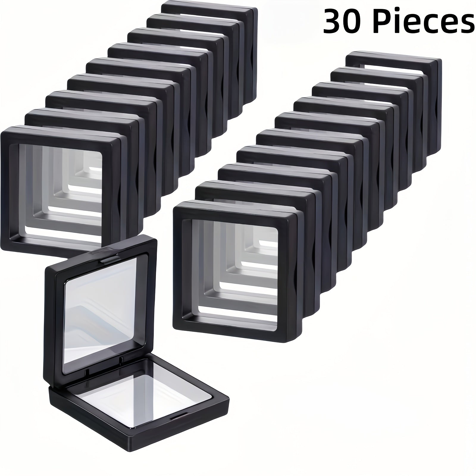 3D Floating Jewelry Display Box Bulk Set | Black Plastic Frame Clear Acrylic Panel Fabric-Lined Organizer for Jewelry Coins Collectibles ¨C Secure Clasp Closure ¨C 30 or 60 Pieces