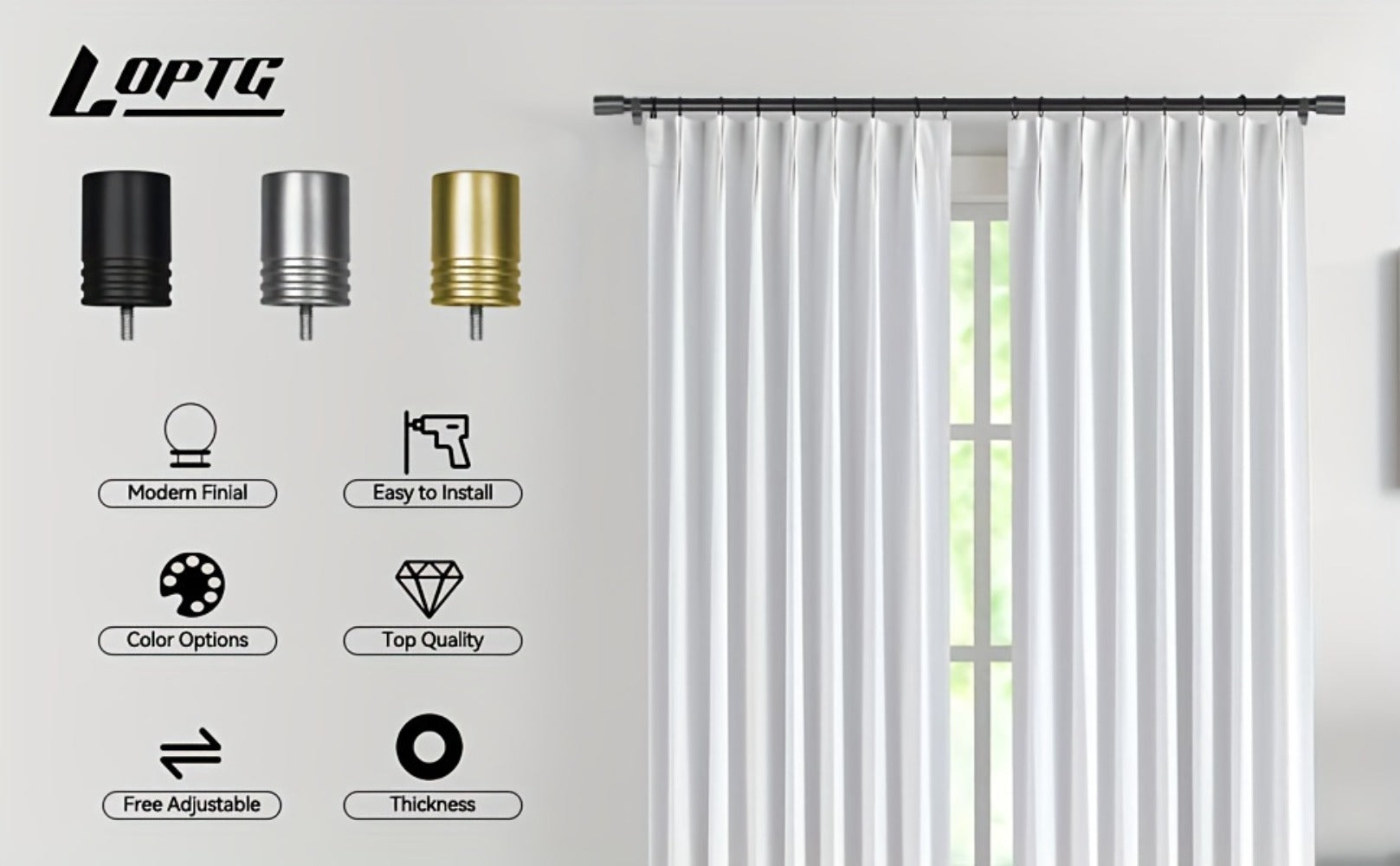 Adjustable Curtain Rods for Windows 1 Inch Diameter ¨C Modern Decorative Drapery Rod with End Finials, 18¡±-45¡± to 36¡±-120¡± | Black, Brushed Nickel & Gold Finish