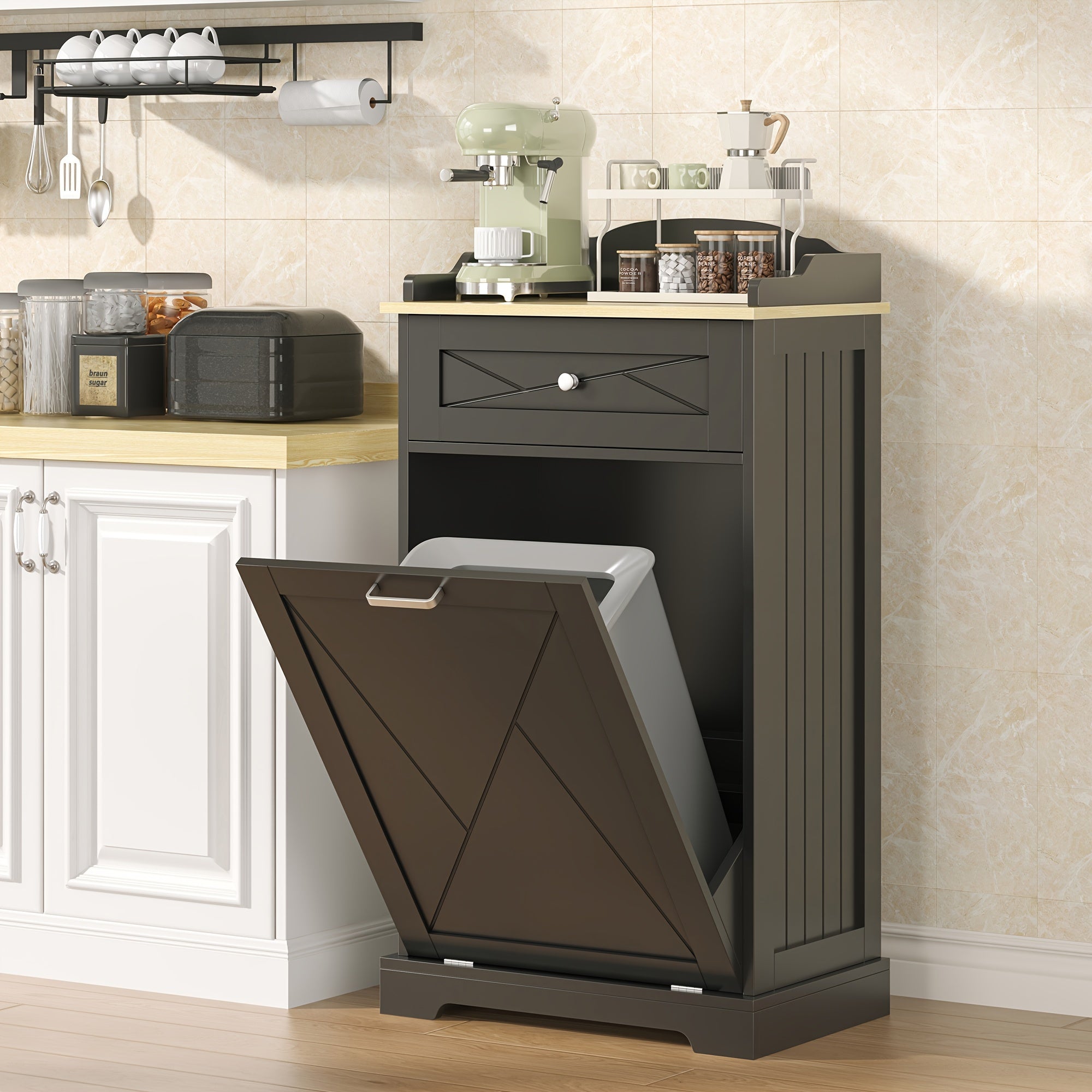 Tilt Out Trash Can Cabinet 12 Gallon Hidden Kitchen Trash Cabinet with Drawers, Pantry Storage, Laundry Hamper Cabinet