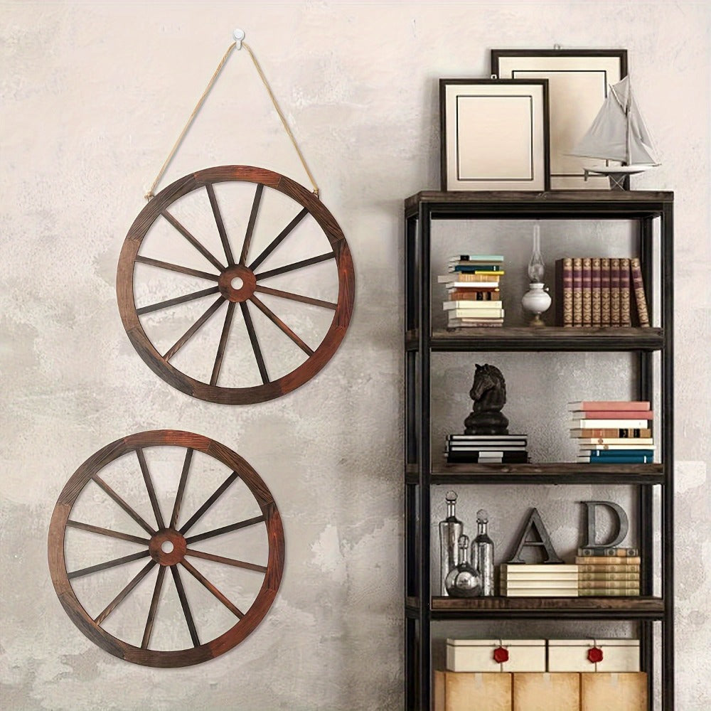 Wooden Carriage Wheel Wall Decor 2pcs - Rustic Western Farmhouse Wood Wagon Wheel Hanging Plaque for Home, Office, Garage, Bar & Country Party, Natural Grain Texture, Indoor Wall Art