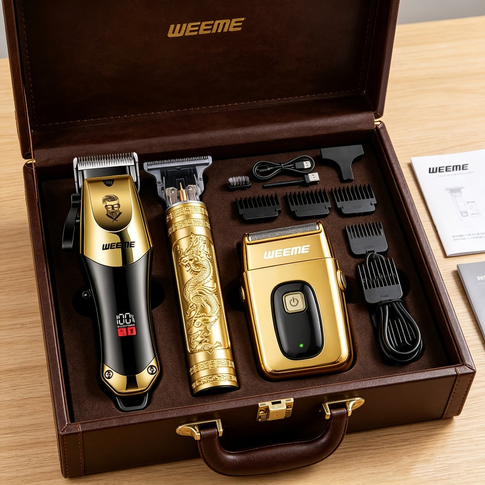 Professional Hair Clipper Set for Men ¨C 3pcs Golden Cordless Kit with Beard Trimmer & T-Blade Trimmer, Hair Cutting & Styling Tools, Ideal Birthday & Father¡¯s Day Gift for Men