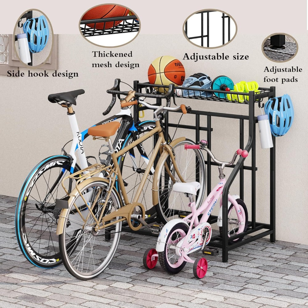 Freestanding Bike Storage Stand with Basket & Hooks ¨C Adjustable Floor Rack for 3-4 Bikes, Indoor Outdoor Garage Organizer