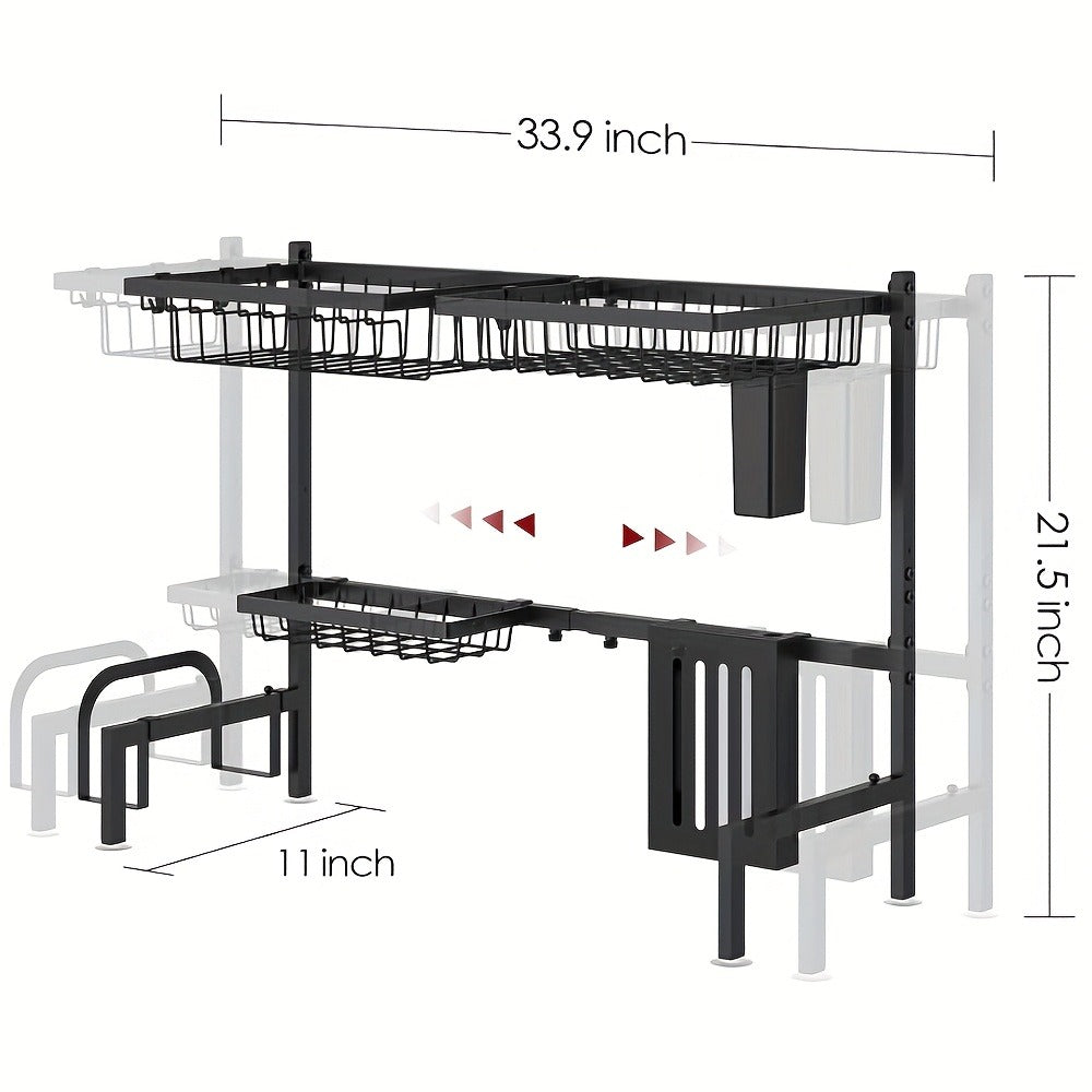 Over-the-Sink Dish Drying Rack Expandable 2-Tier 304 Stainless Steel Adjustable 30-34 Inch with Utensil Holder Knife Holder Cutting Board Holder and 5 Hooks for Kitchen