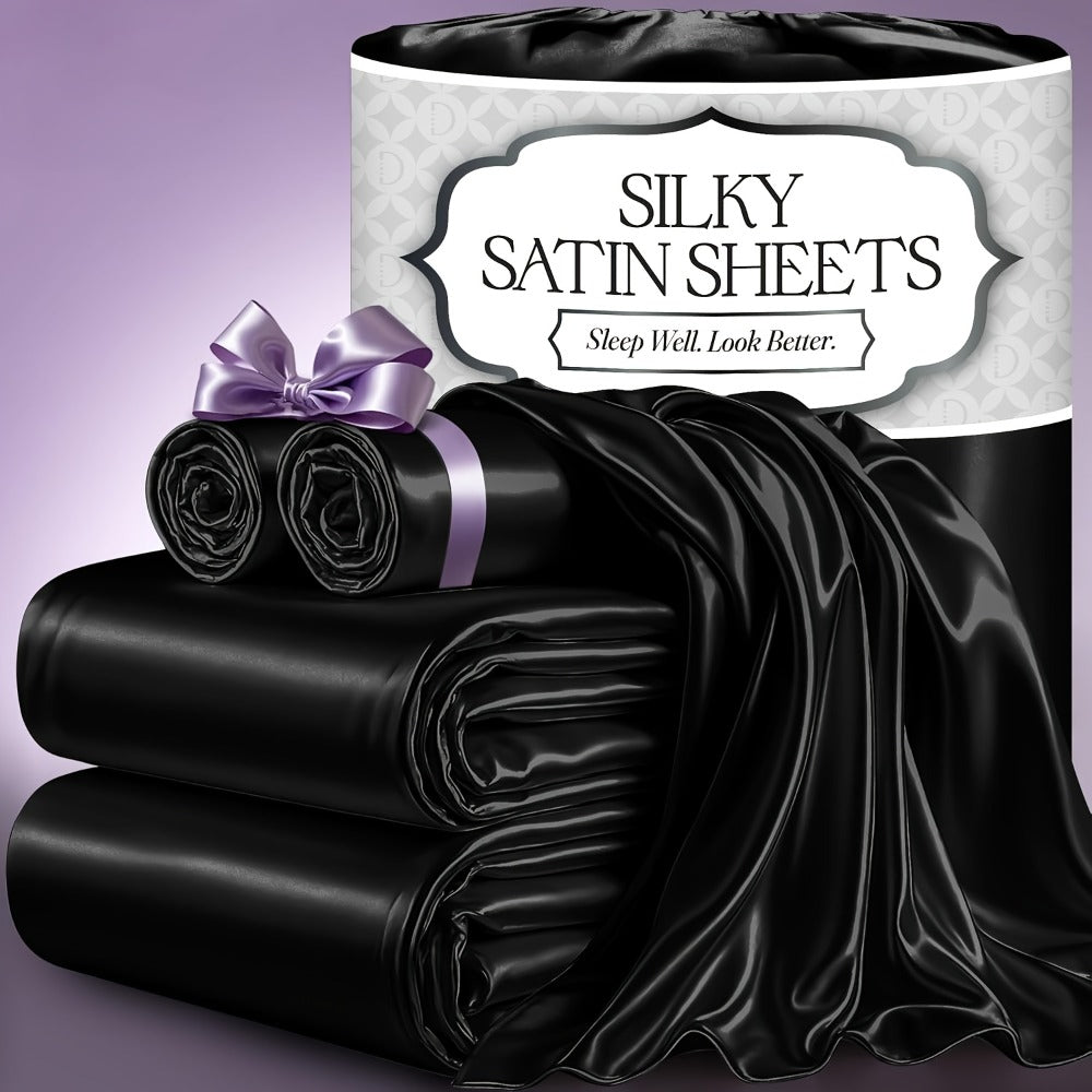 Satin Bed Sheet Set 4-Piece, Cooling Silky Soft Microfiber Sheets with Deep Pocket Fitted Sheet, Flat Sheet & 2 Pillowcases, Breathable Lightweight Bedding for Twin Full Queen King