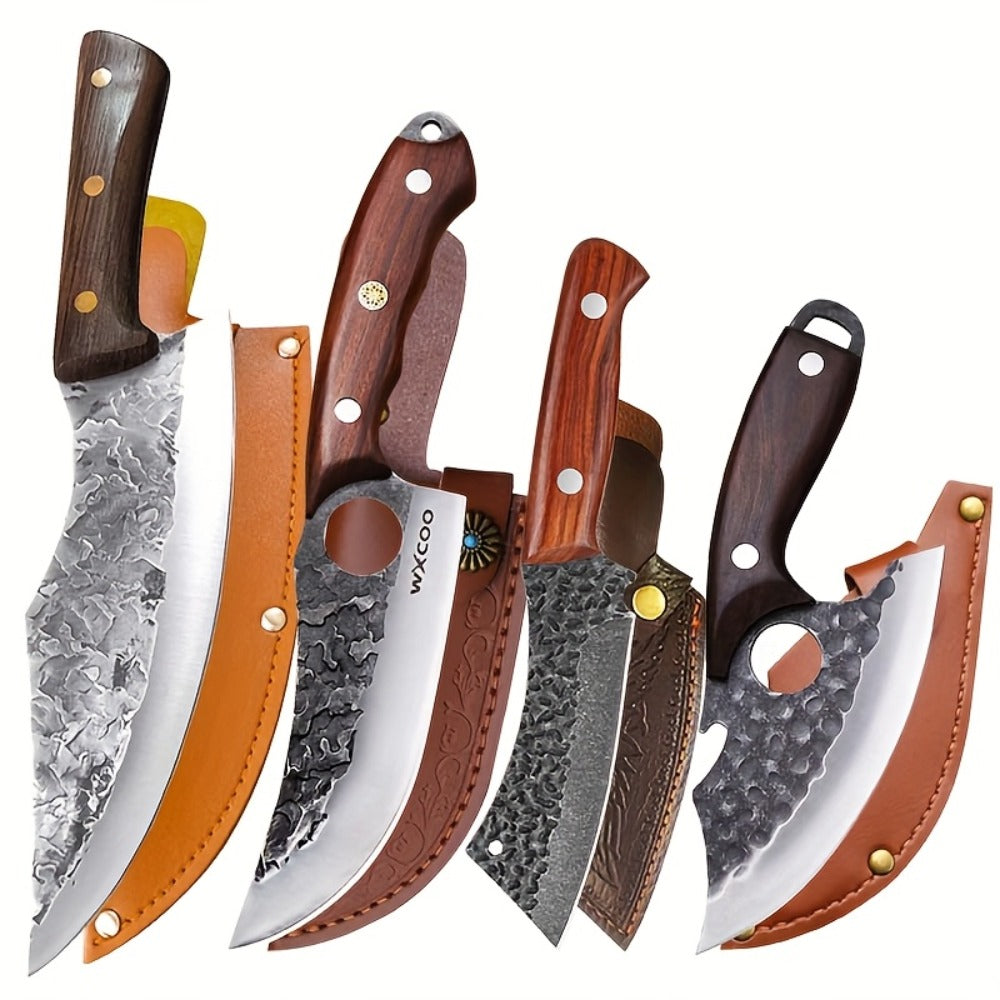 Chef Knife Set Stainless Steel, Professional Kitchen Knife Set with Boning Knife & Utility Knife, Viking BBQ Knife with Hammered Blade & Wood Handle, Multipurpose Cooking Knives for Meat Fish Vegetable