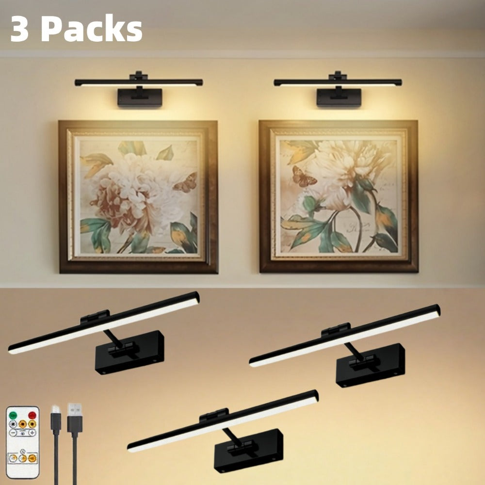 Picture Light 16 Inch Wireless Battery Powered LED Wall Light 6000mAh Rechargeable Remote Control Adjustable Brightness Art Light for Photo Frame Portrait Gallery Painting Home Decor Gold Black