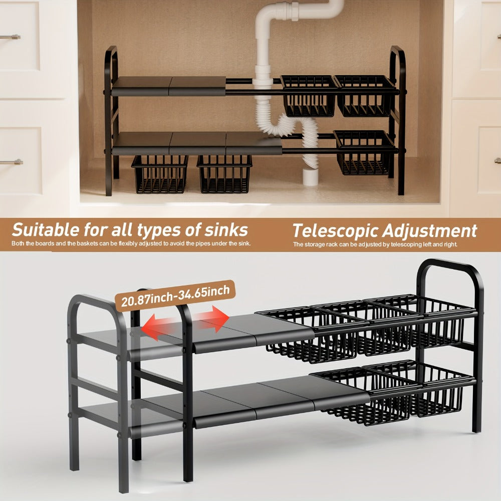 Expandable Under Sink Organizer 2-Tier Cabinet Shelf with 5 Removable Panels & 5 Baskets, Adjustable Under Sink Storage Rack for Kitchen Bathroom Cabinet Organization