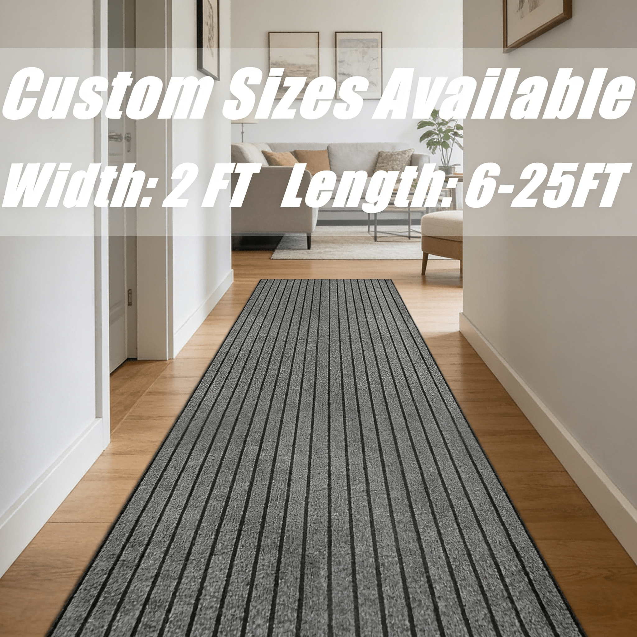 Runner Rug Non-Slip Rubber Backing Indoor Outdoor Hallway Kitchen Entryway Bedroom Carpet Runner Stain Resistant Low Pile Easy Clean Multiple Sizes 2FT Wide 8 Colors Grid Strip