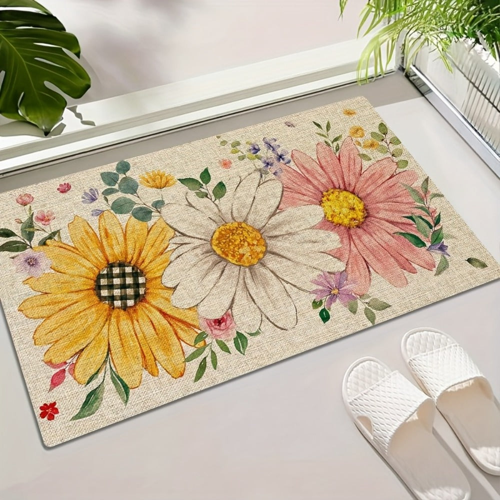 Sunflower Daisy Doormat Floral Welcome Mat Flannel Non-Slip Rug for Front Door Entryway Bathroom Kitchen, Spring Summer Seasonal Decor, 10mm Thick, Single & Set Options