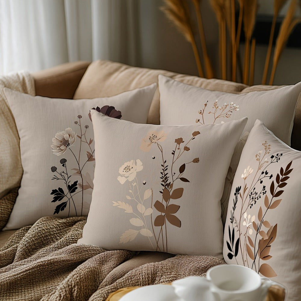 Throw Pillow Covers 18x18 Set of 4 - Floral Botanical Square Cushion Cases Beige Brown Gray | Zipper Closure Machine Washable Decorative Pillows for Living Room Bedroom Sofa Couch Contemporary Decor