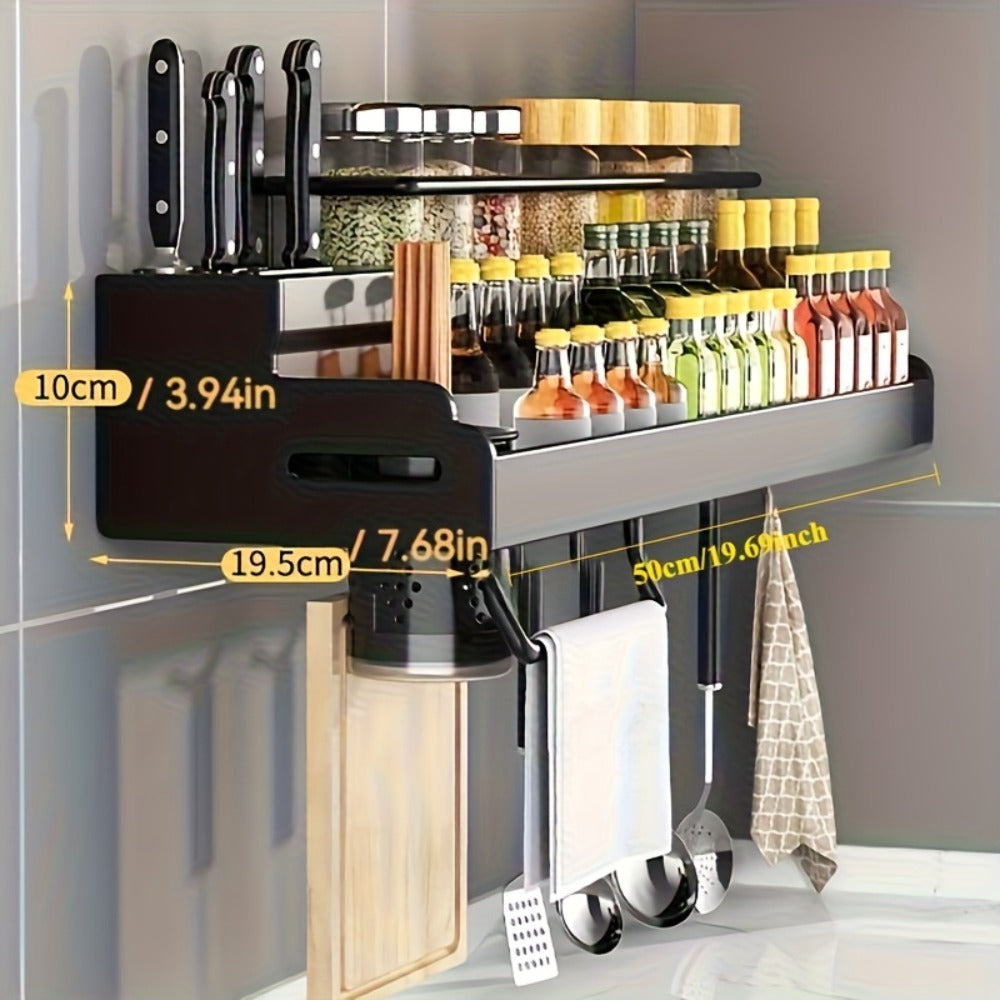 Kitchen Wall Mounted Storage Rack Double Layer ¨C No-Drill Organizer with Knife Slots, Chopstick Holder & Towel Bar, Space-Saving Floating Shelf for Kitchen Counter, 19.69 Inch (Black)