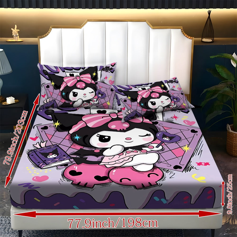 Sanrio Hello Kitty & Kuromi Bedding Set 3pcs ¨C Fitted Sheet & Pillowcases, Soft Polyester, Machine Washable, Twin Full Queen King, All-Season Bedroom Decor for Kids Girls Home Guest Room