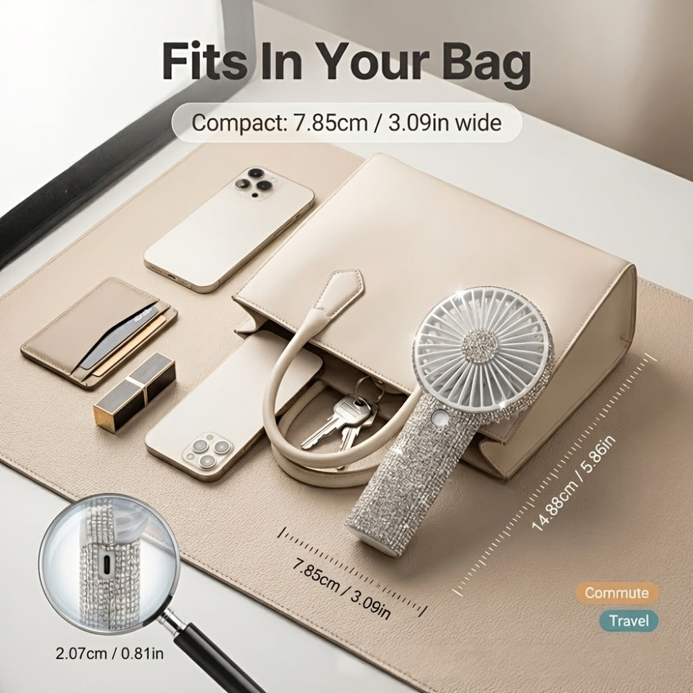 Rhinestone Handheld Fan Mini USB Rechargeable, Crystal Diamond Sparkling Personal Fan 3-Speed for Women and Girls, Elegant Portable Fan for Wedding, Outdoor, Travel, Office and Indoor Use