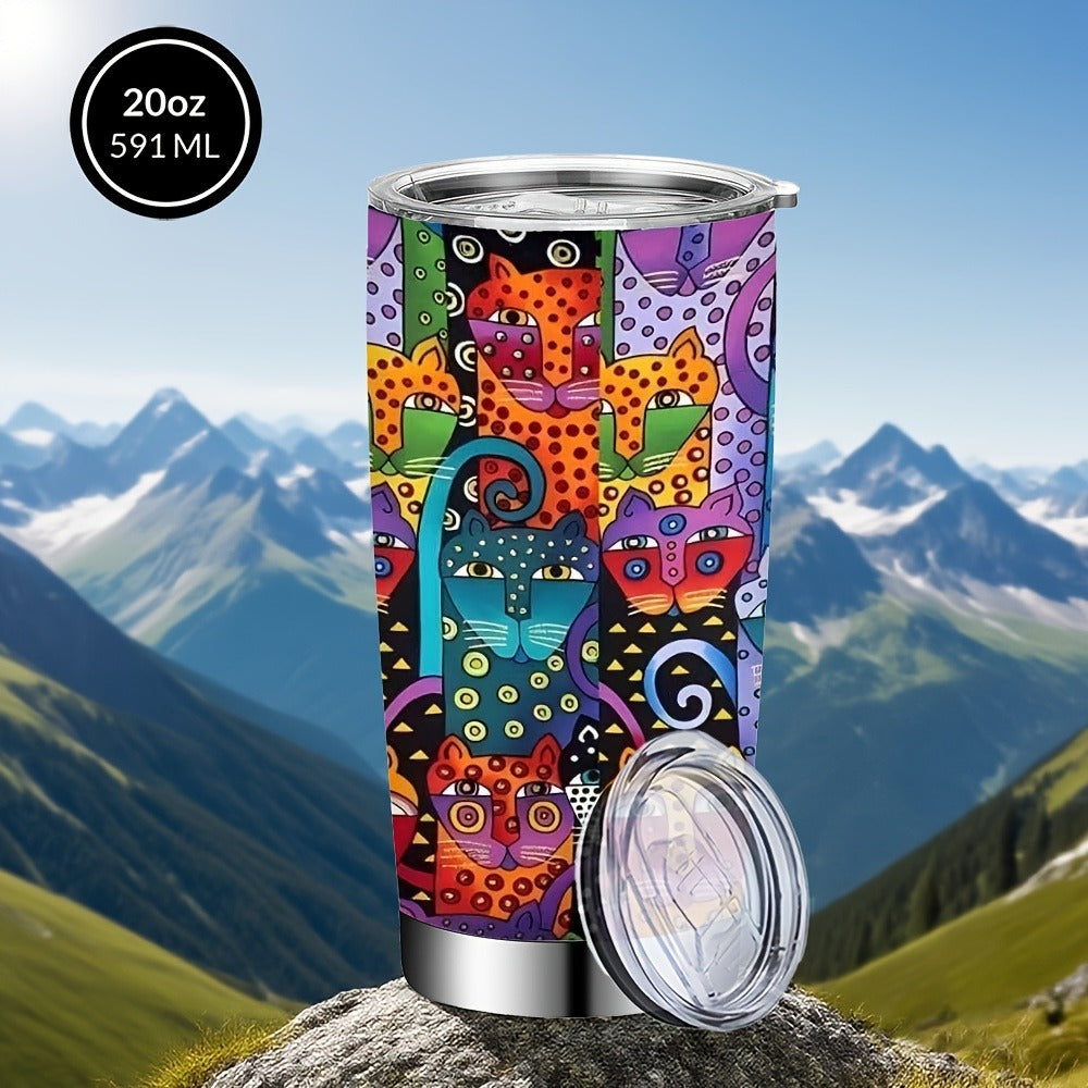 Cat Tumbler 20oz Abstract Cat Graphic Stainless Steel Insulated Cup with Lid & Straw Travel Coffee Mug Hot Cold Drinks Gift for Cat Lovers Birthday Mother's Day