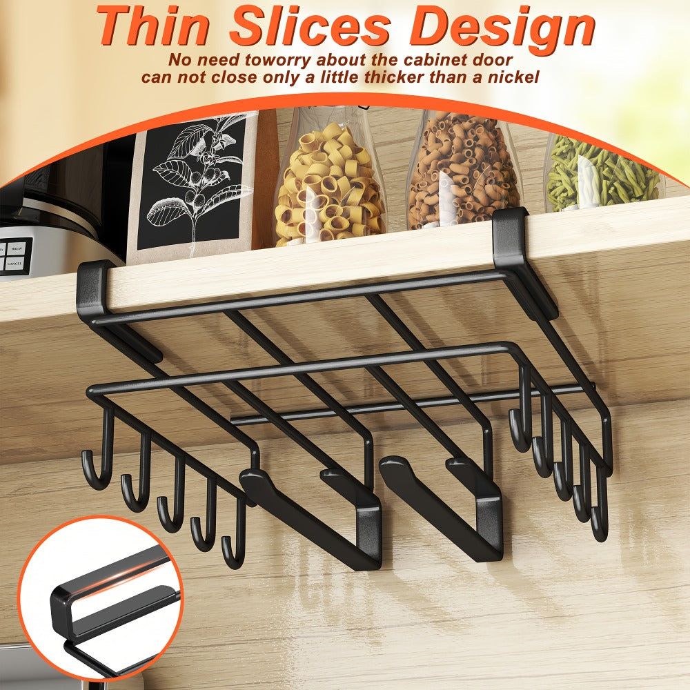 Under Cabinet Organizer Rack with Hooks ¨C Heavy Duty Carbon Steel Kitchen Shelf for Utensils, Towels, Cups & Cutting Boards ¨C No-Drill Door-Mount Space-Saving Kitchen Storage