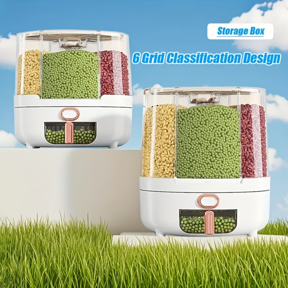 Rice Dispenser 360 Rotating 6 Compartment Grain Storage Container - Airtight Moisture Proof with Transparent Window, Food Grade PP, Large Capacity for Rice Cereal Flour and Pet Food, Medium 13lb or Large 22lb