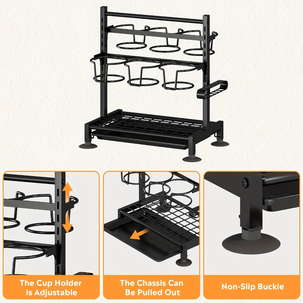 Cup Holder Rack 6-Grid Cast Iron Water Bottle Organizer for Kitchen Cabinet | Adjustable Height Drinkware Storage Rack Holds 40oz Cups Mugs Tumblers Stanley Bottles Space-Saving Kitchen Organizer