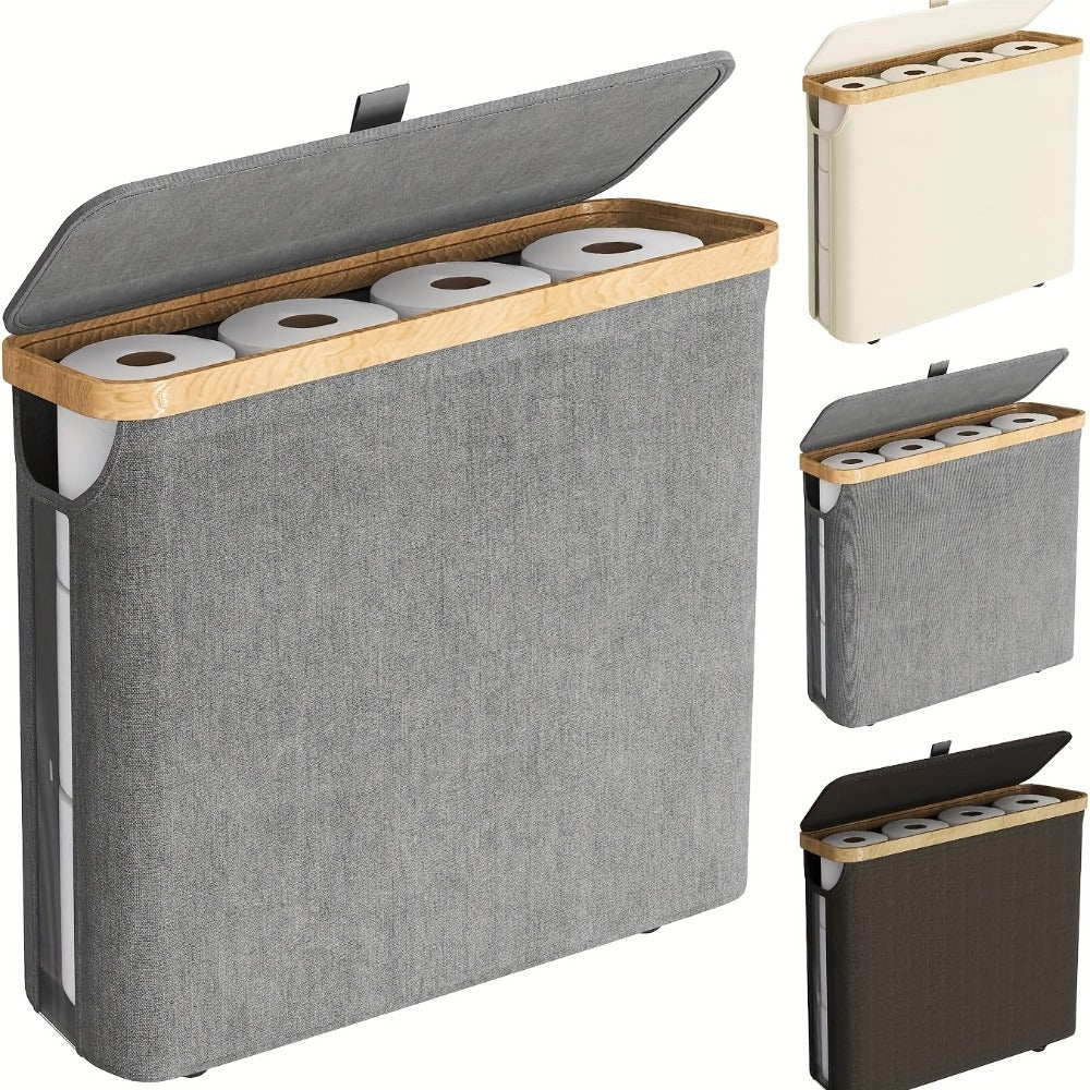 Toilet Paper Storage Basket with Bamboo Lid ¨C Large Capacity Holds 9-12 Rolls | 600D Oxford Cloth Dustproof Bathroom Organizer | Modern Farmhouse Tissue Roll Holder for Bathroom
