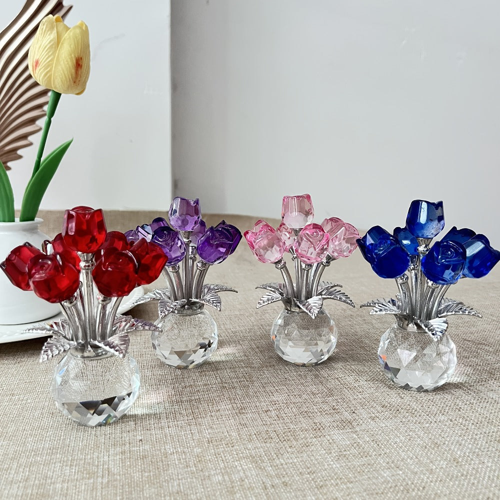 Glass Rose Sculpture Floral Home Decor ¨C Sparkling Leaves Art Figurine for Bedroom, Living Room, Valentine's Day Gift